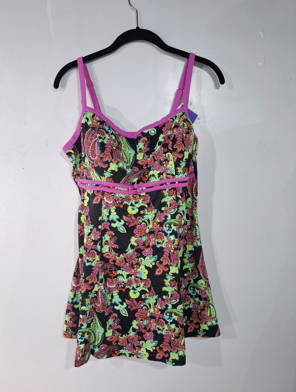 Fit 4U Pink Empire Banded Multicolor Paisley  One Piece Swimsuit Dress Sz 14 NWT